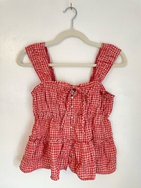 Rewind red gingham tank top blouse with button and bow details size small